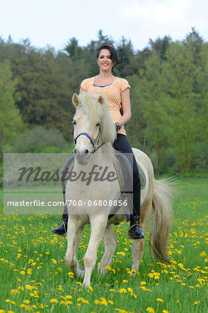 Young woman riding a icelandic horse on a meadow in spring, Germany