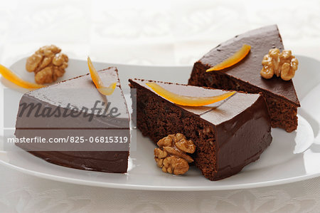 Moist chocolate and orange cake with walnuts