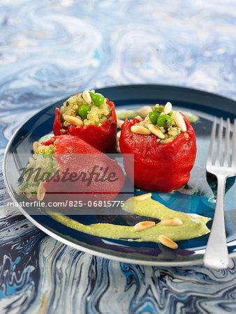 Del piquillo peppers stuffed with quinoa,peas and pine nuts,parsley cream sauce