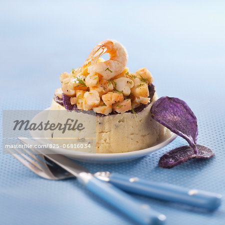 Artichoke-truffle puree,purple potato crisps and diced lobster