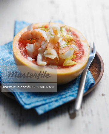 Chicory,shrimp and grapefruit salad ,served in half a grapefruit