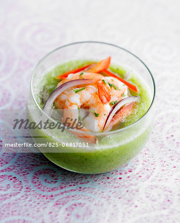 Chilled cucumber soup with shrimps