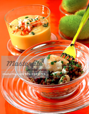 Green lentil salad with shrimps and mayonnaise with crab meat