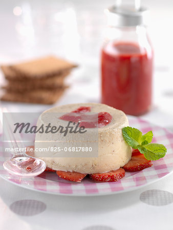 Rich tea biscuit panna cotta with strawberry-raspberry puree