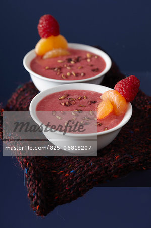 Raspberry and almond milk soup with dried pomegranate seeds