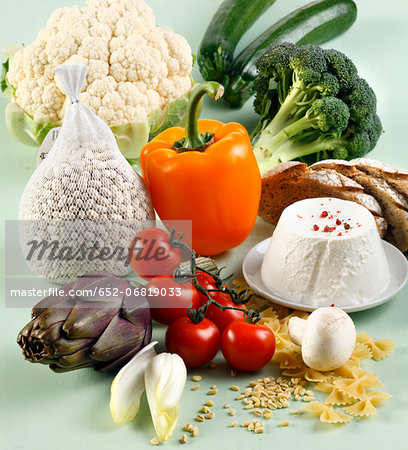 Still life with vegetables,starch food and dairy products