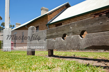 Australia, Western Australia, Albany.  Stocks at the Old Convict Gaol - built in 1851 as a convict prison and now a museum.