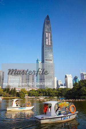 Pedaloes in Lizhi Park in front of Kingkey 100 Finance Building, Shenzhen, Guangdong, China