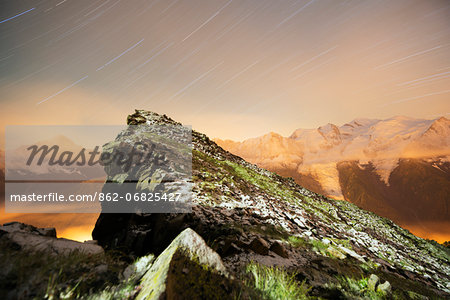 Europe, France, Haute Savoie, Rhone Alps, Chamonix Valley, star trails over Mont Blanc (4810m) Europe, France, Haute Savoie, Rhone Alps, Chamonix Valley, star trails over Mont Blanc (4810m)