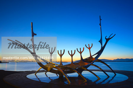 Iceland, Reykjavik, Solfar (Sun Voyager), iconic stainless-steel modern sculpture representing a Viking longboat by Jon Gunnar Arnason