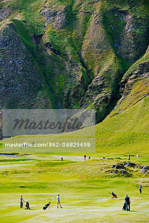 Iceland, Vestmannaeyjar, volcanic Westman Islands, Heimaey Island, golf course in volcanic crater