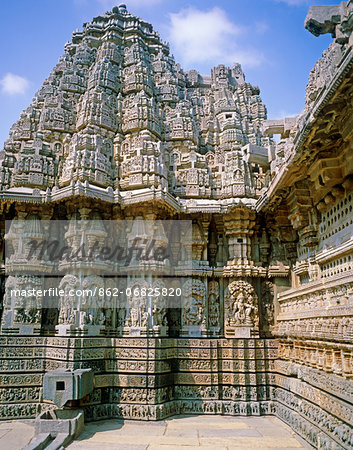 Asia, India, Southern Karnataka, Somnathpur, Kesava Temple, near Mysore.   Detail of the carvings on the exterior of the temple.