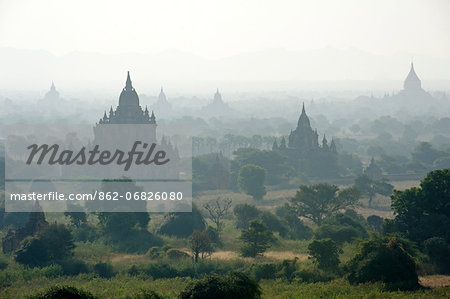 Myanmar, Burma, Mandalay Region, Bagan. Dotted with thousands of brick and stucco 10th- to 13th-century Buddhist pagodas and temples, the plains of Bagan in the Irrawaddy Valley are among Burma's most evocative and popular destinations.