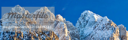 Slovenia, Gorenjska Region, Triglav National Park. Panoramic of Rusica, Vrh nad Rudo and Frdamane Police - three peaks above the town of Kranjska Gora.