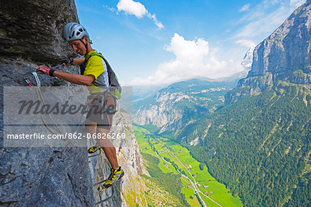 Europe, Swiss Alps, Switzerland, Bernese Oberland, Swiss Alps Jungfrau-Aletsch, Unesco World Heritage site, Murren, via ferrata (MR)