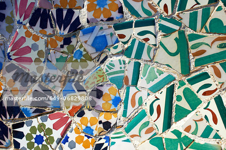 Multicoloured and cracked tiles in mosaic, Barcelona, Spain