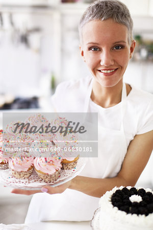 Portrait of woman holding hand made cupcakes Portrait of woman holding hand made cupcakes