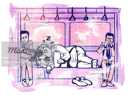 Commuters watching dog faced man sleeping and snoring in train