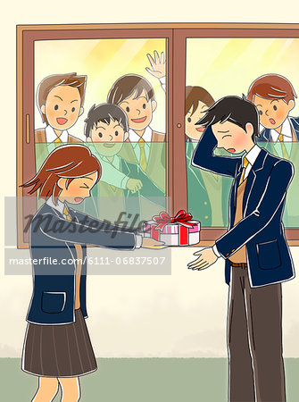 Girl giving gift to boy while students looking from window