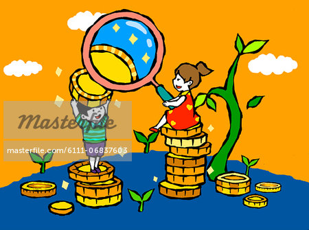 Children playing with coins and magnifying glass
