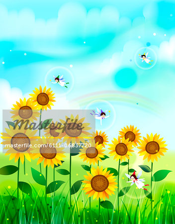 Angel flying in sunflower field