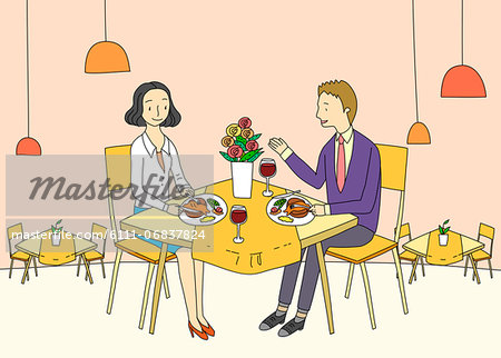 An illustration showing two friends having dinner.