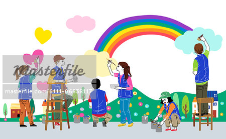 Children painting rainbow and garden scene on wall