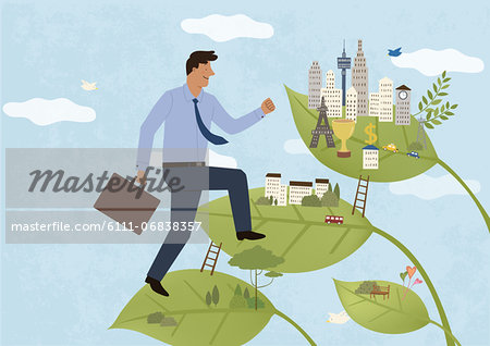 Businessman walking on leaves toward city
