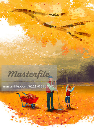 An illustration showing a family raking leaves.