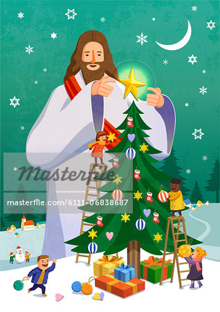 Jesus christ decorating christmas tree with children