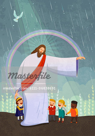 Jesus christ protecting children from rain