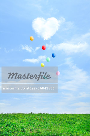 Grassland and sky with flying balloons and heart-shaped cloud