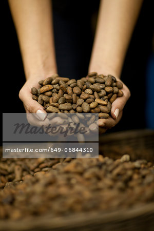 Cupped hands with handful of cocoa beans