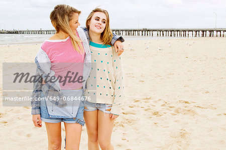 Girlfriends standing on beach with arm around