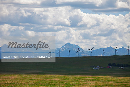 Wind generators in field, mountain range in background, Montana, USA