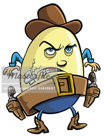 Humorous cartoon illustration of a cowboy egg with a stetson and fierce expression standing ready to draw his guns isolated on white
