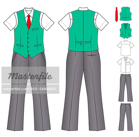 The suit of the cashier or seller (waistcoat, shirt, tie, trousers) isolated on white.  Outline vector illustration isolated on white. EPS8 file available.
