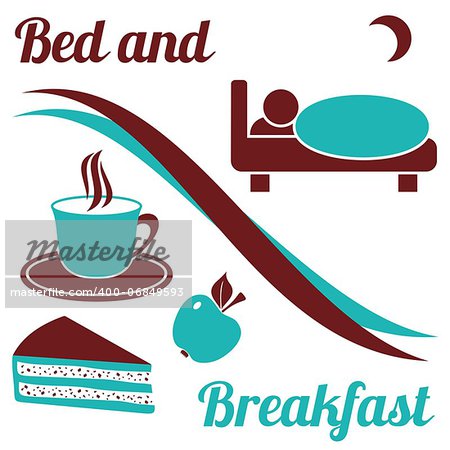 Brown and turquoise bed and breakfast with text on white background