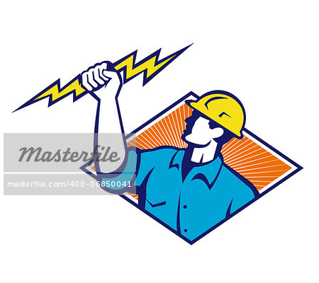 Illustration of an electrician construction worker holding a lightning bolt set inside diamond shape done in retro style in isolated white background.