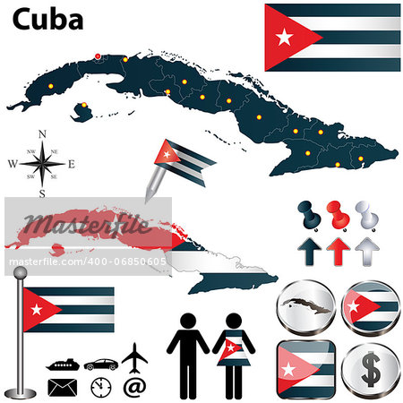 Vector of Cuba set with detailed country shape with region borders, flags and icons