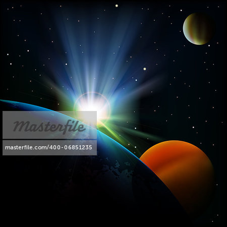 abstract space background with sunrise and planets