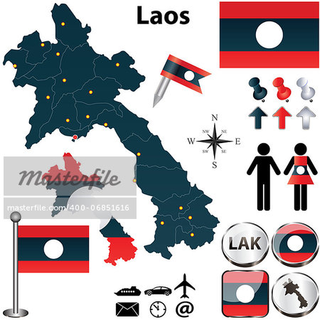 Vector of Laos set with detailed country shape with region borders, flags and icons