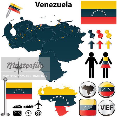 Vector of Venezuela set with detailed country shape with region borders, flags and icons
