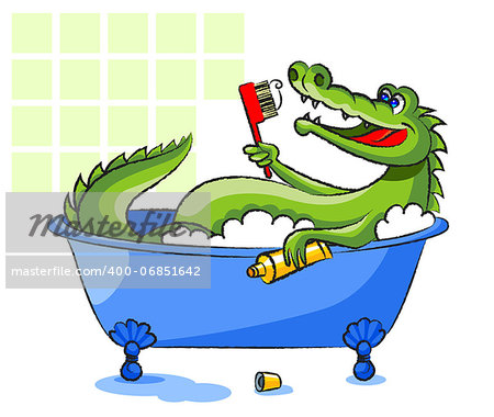 The green, smiling crocodile lies in a bathtub and holds a toothbrush and a tube with a toothpaste.