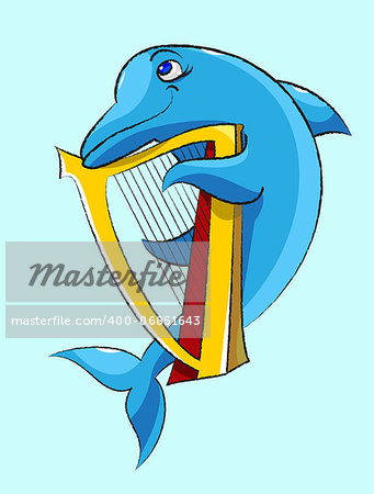 Laughing, blue  dolphin plays a gold harp.