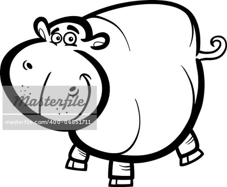 Black and White Cartoon Humorous Illustration of Happy Hippo or Hippopotamus Animal Character for Coloring Book