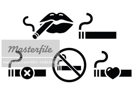 Vector icons set - smoking cigarettes, forbidden smoking sign isolated on white