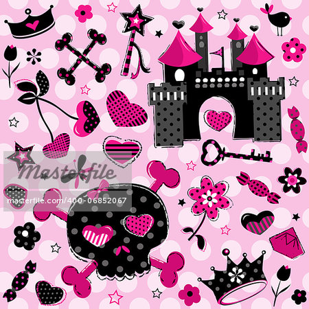 cute aggressive girlish black and red elements set on pink background