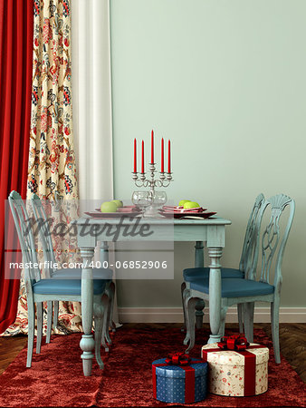 Interior in celebratory blue and red colors with laid table and chairs