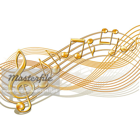 Gold musical notes staff background on white. Vector illustration.